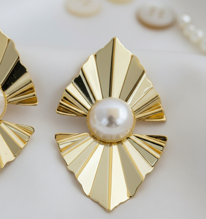 Gold Finish Fan-Shaped Stud Earrings with Pearl Center