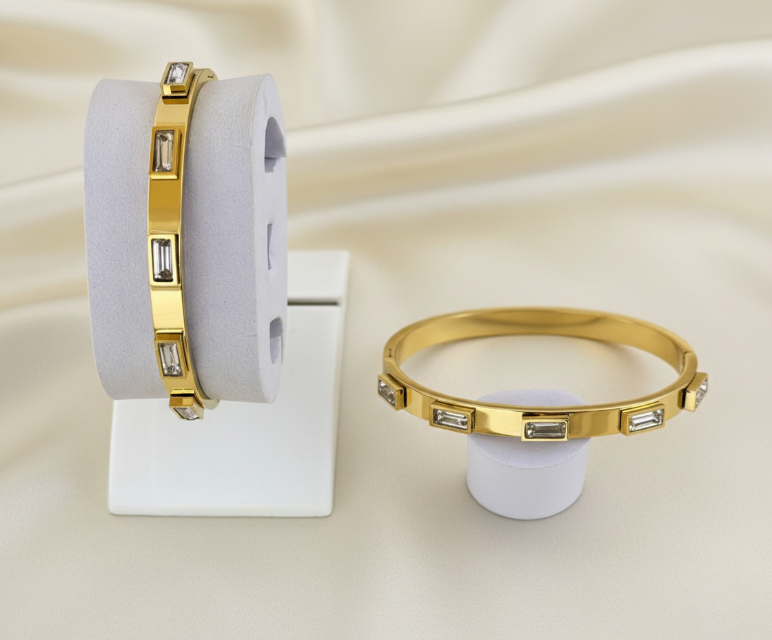 Radiant Crystal Bar Gold Plated Stainless Steel Korean Kada Bracelet