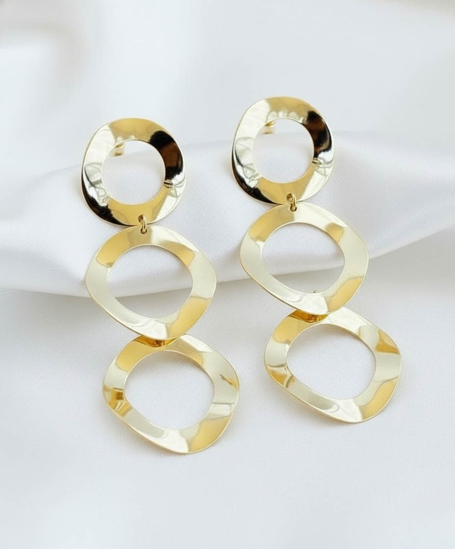 Gold Finish Triple Ring Drop Earrings
