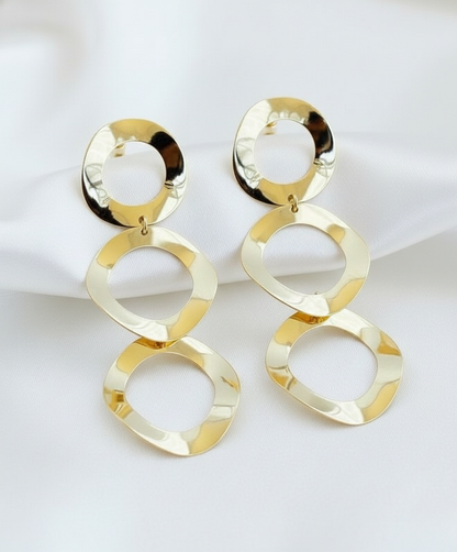 Gold Finish Triple Ring Drop Earrings