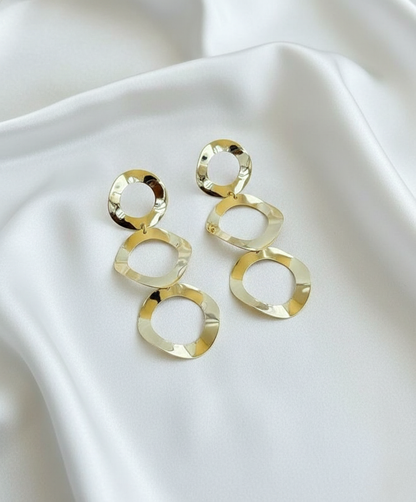 Gold Finish Triple Ring Drop Earrings