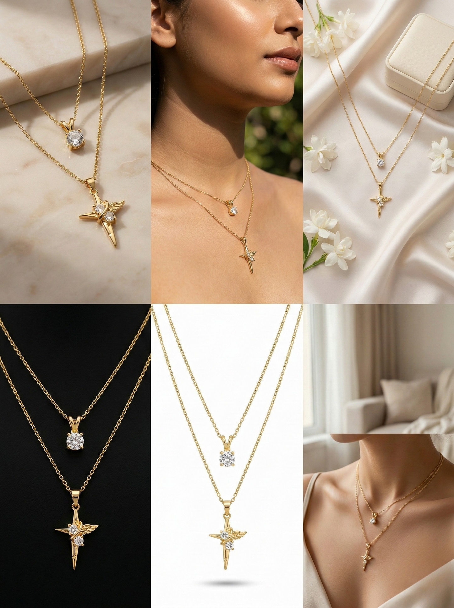 Elegant Gold Layered Necklaces on Marble Surface