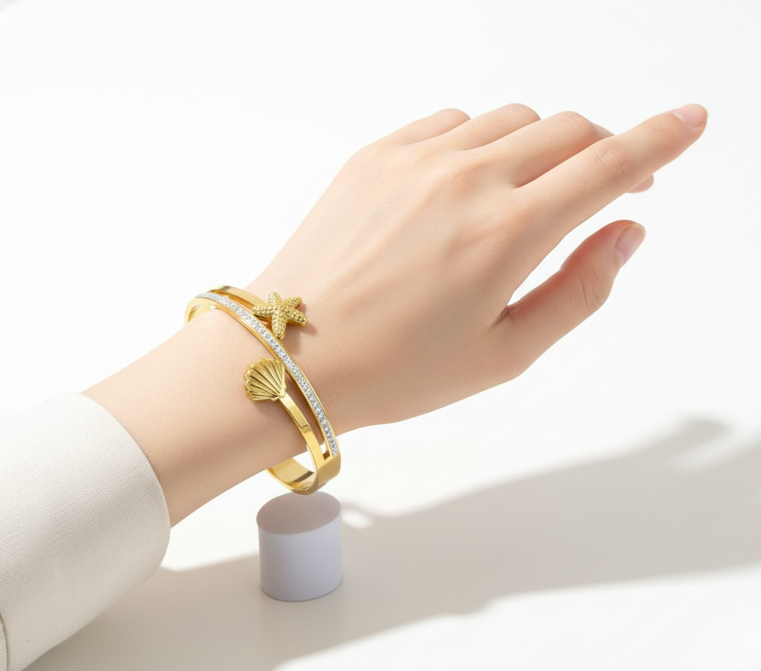 Diamond Studded Sleek Gold Plated Stainless Steel Kada Bracelet