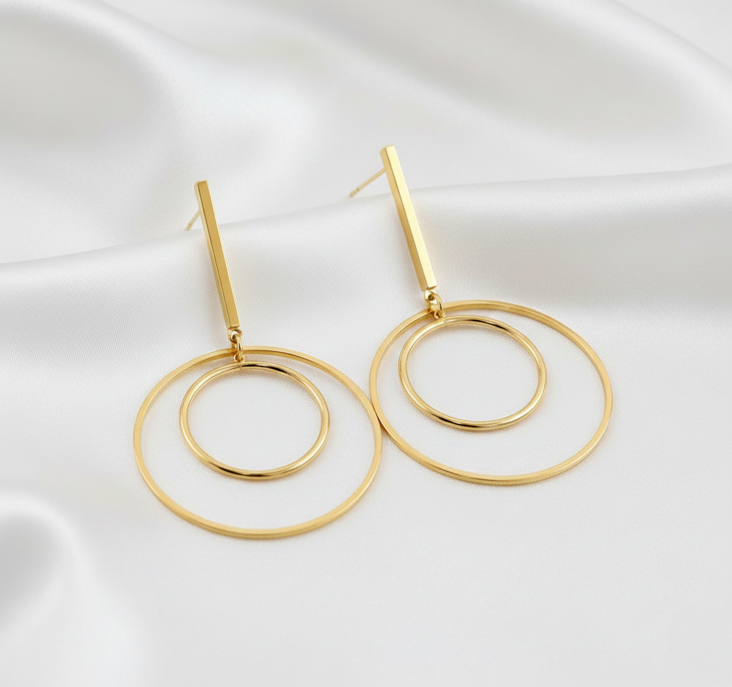 Gold Finish Bar and Double Hoop Drop Earrings