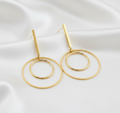 Gold Finish Bar and Double Hoop Drop Earrings