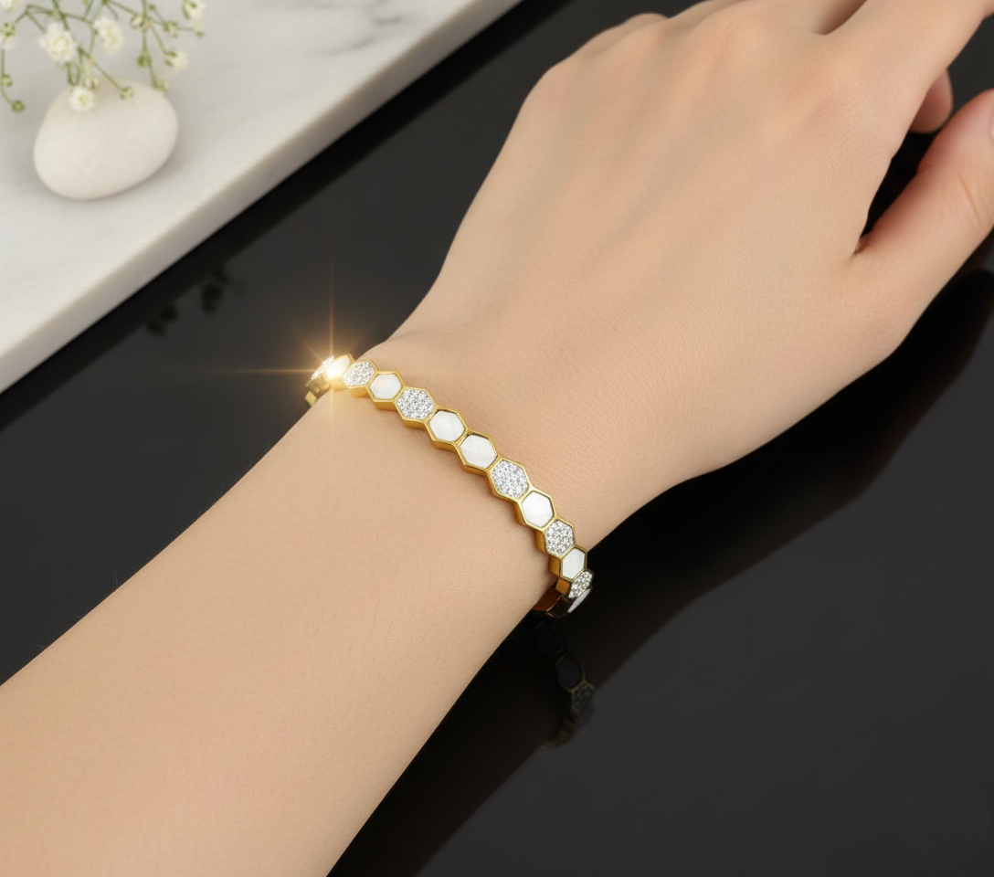Honeycomb Crystal Gold Plated Stainless Steel Korean Kada Bracelet
