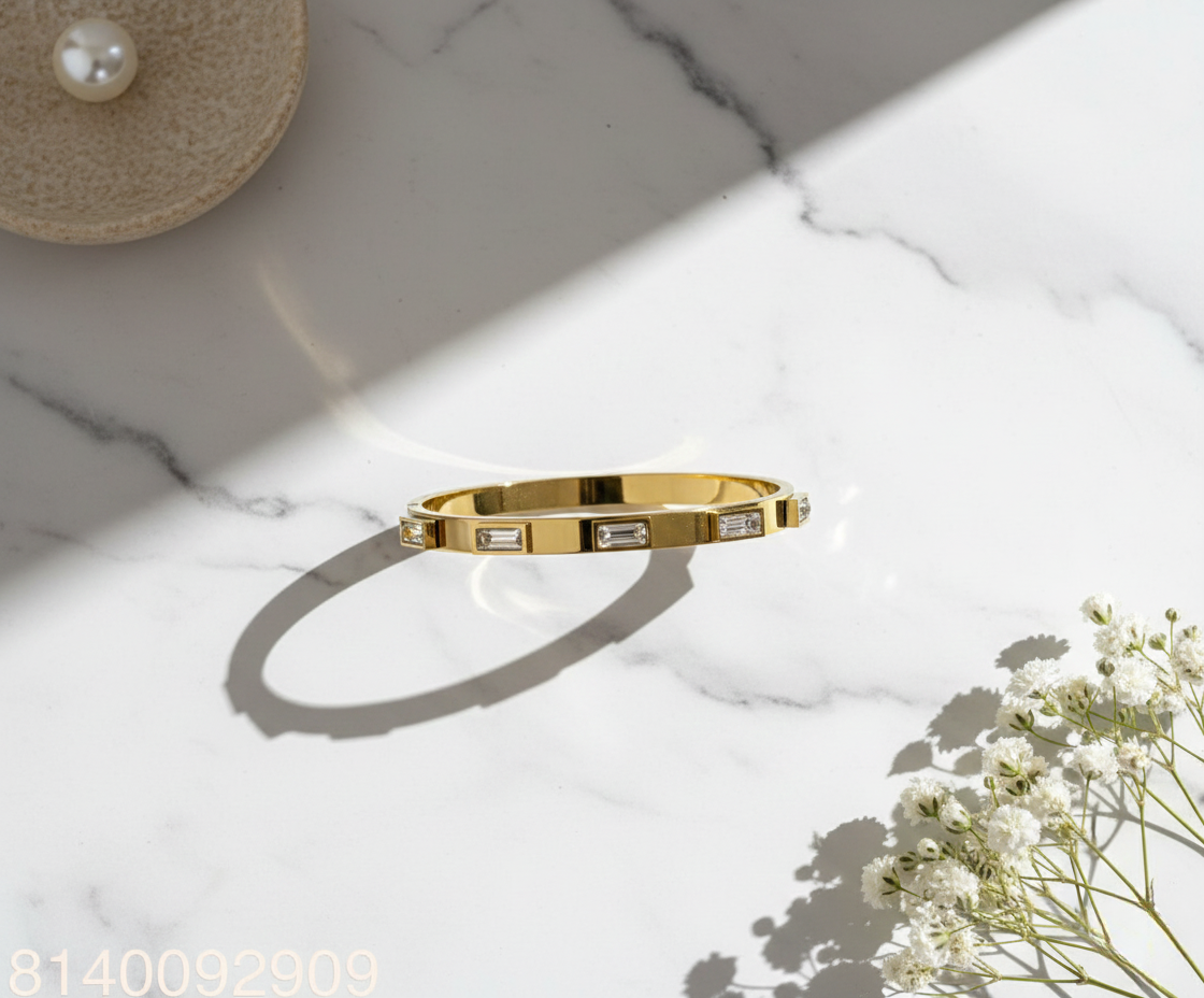 Radiant Crystal Bar Gold Plated Stainless Steel Korean Kada Bracelet