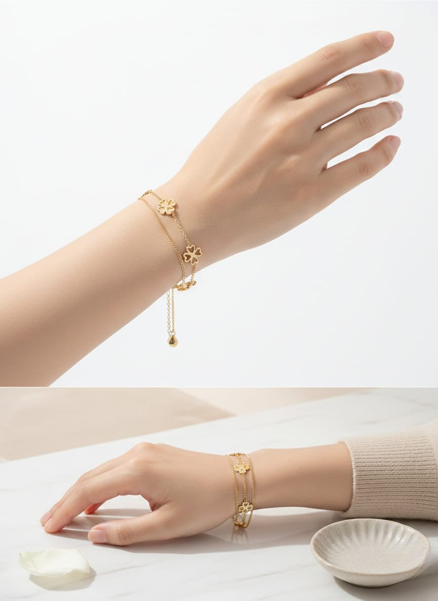 Elegant Gold Clover Double Layer Chain Bracelet