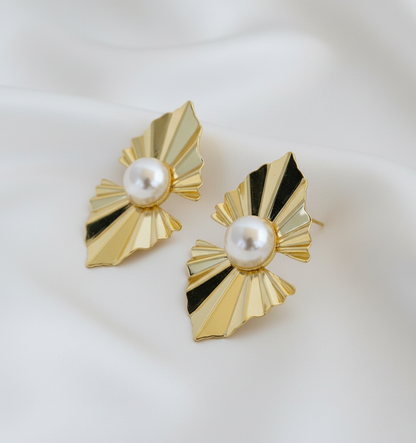 Gold Finish Fan-Shaped Stud Earrings with Pearl Center