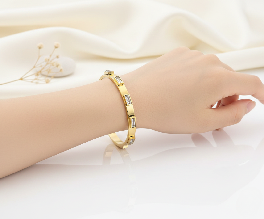 Radiant Crystal Bar Gold Plated Stainless Steel Korean Kada Bracelet