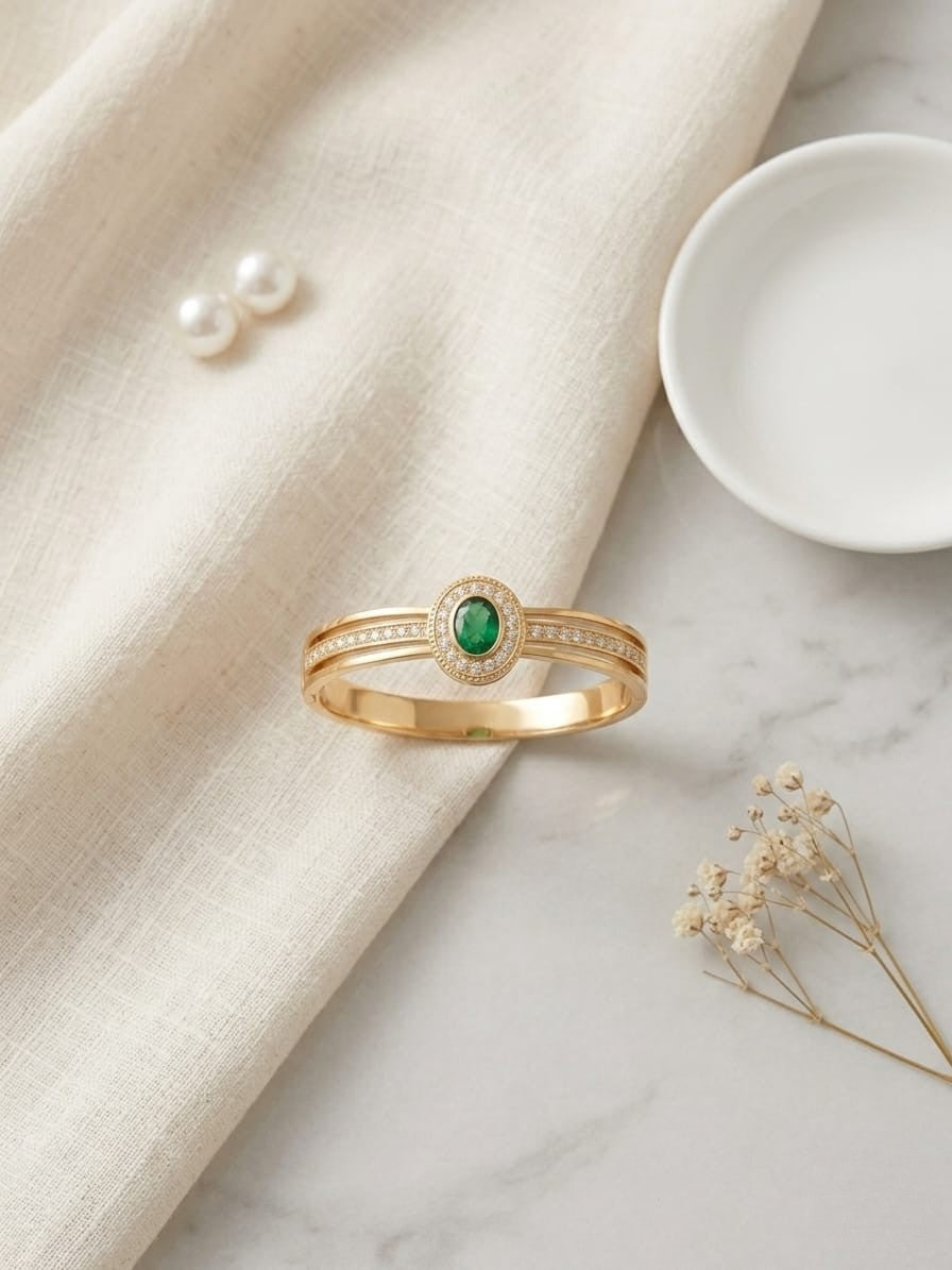 Elegant Korean Gold Kada with Emerald Stone