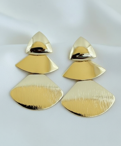 Gold Finish Layered Fan-Shaped Statement Drop Earrings