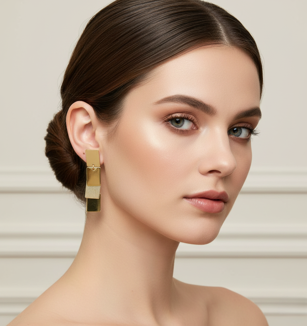 Gold Tone Layered Rectangle Drop Earrings