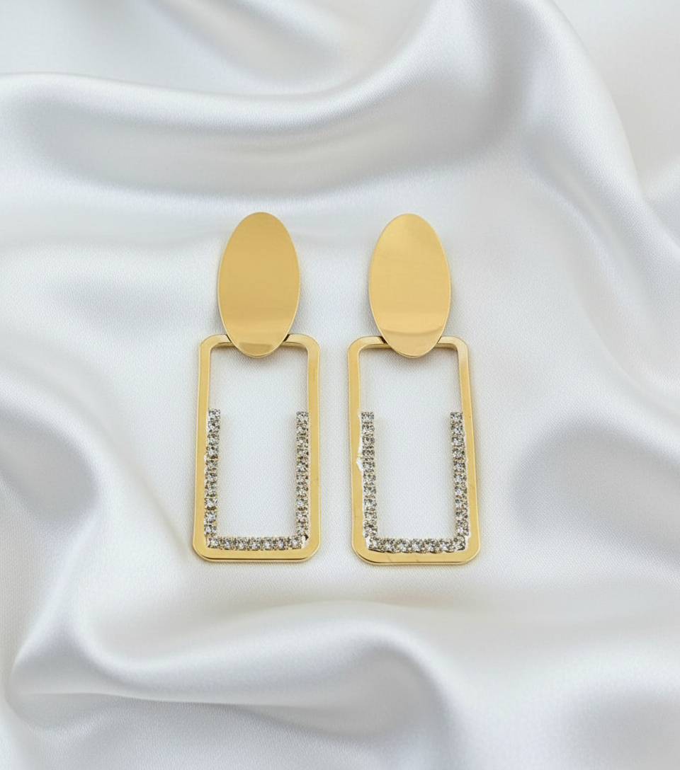 Gold Tone Crystal Rectangle Drop Earrings