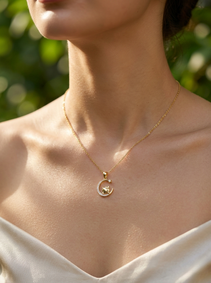 Golden Crescent Cat Pendant with Sparkling Charm