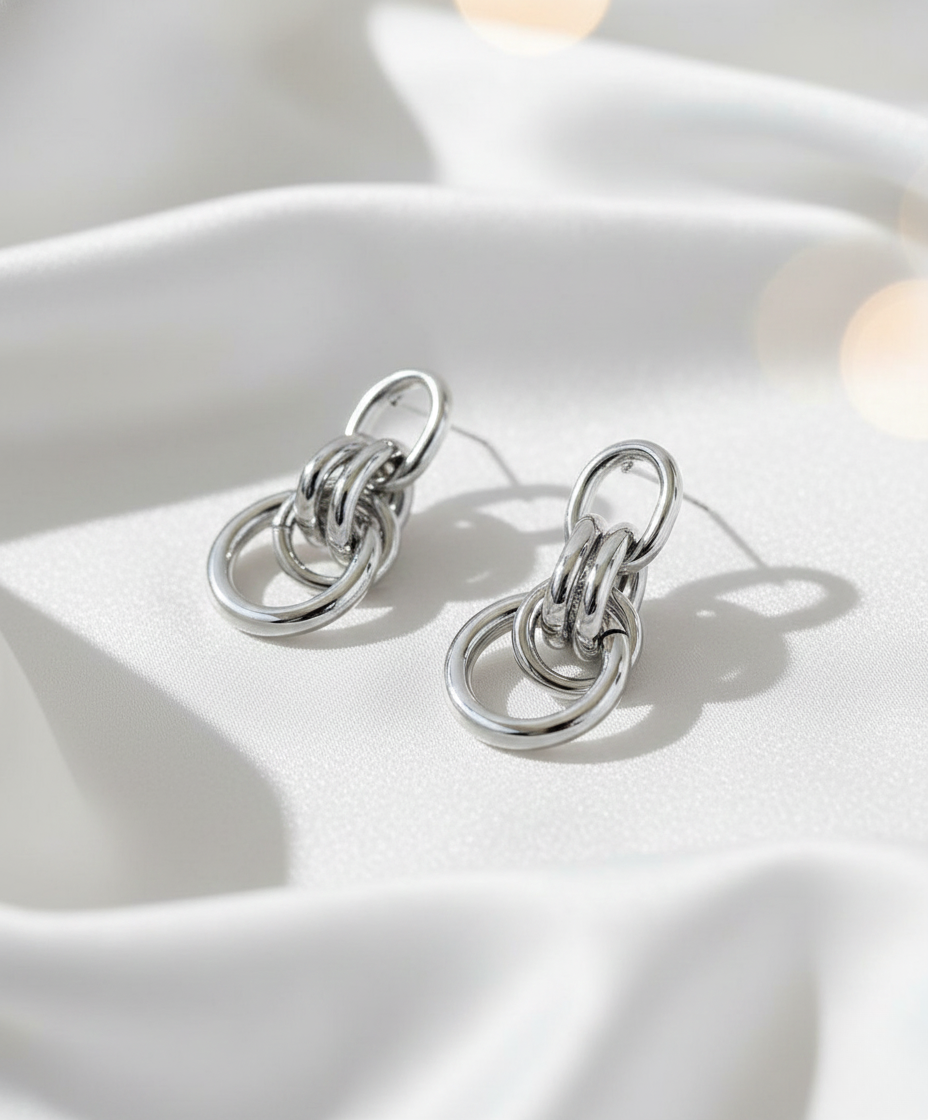 Silver Tone Multi-Ring Chain Drop Earrings