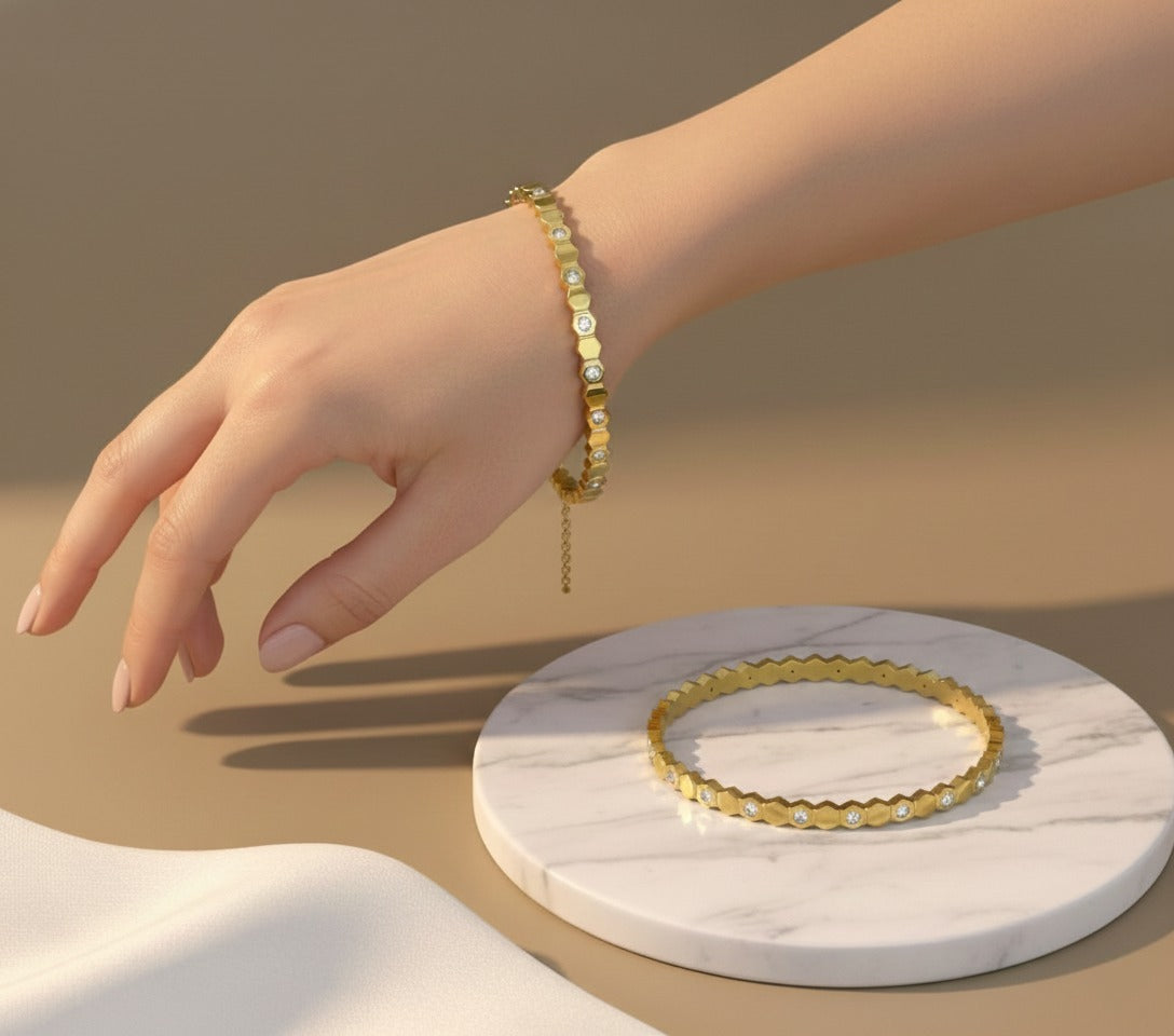 Diamond Studded Sleek Gold Plated Stainless Steel Kada Bracelet