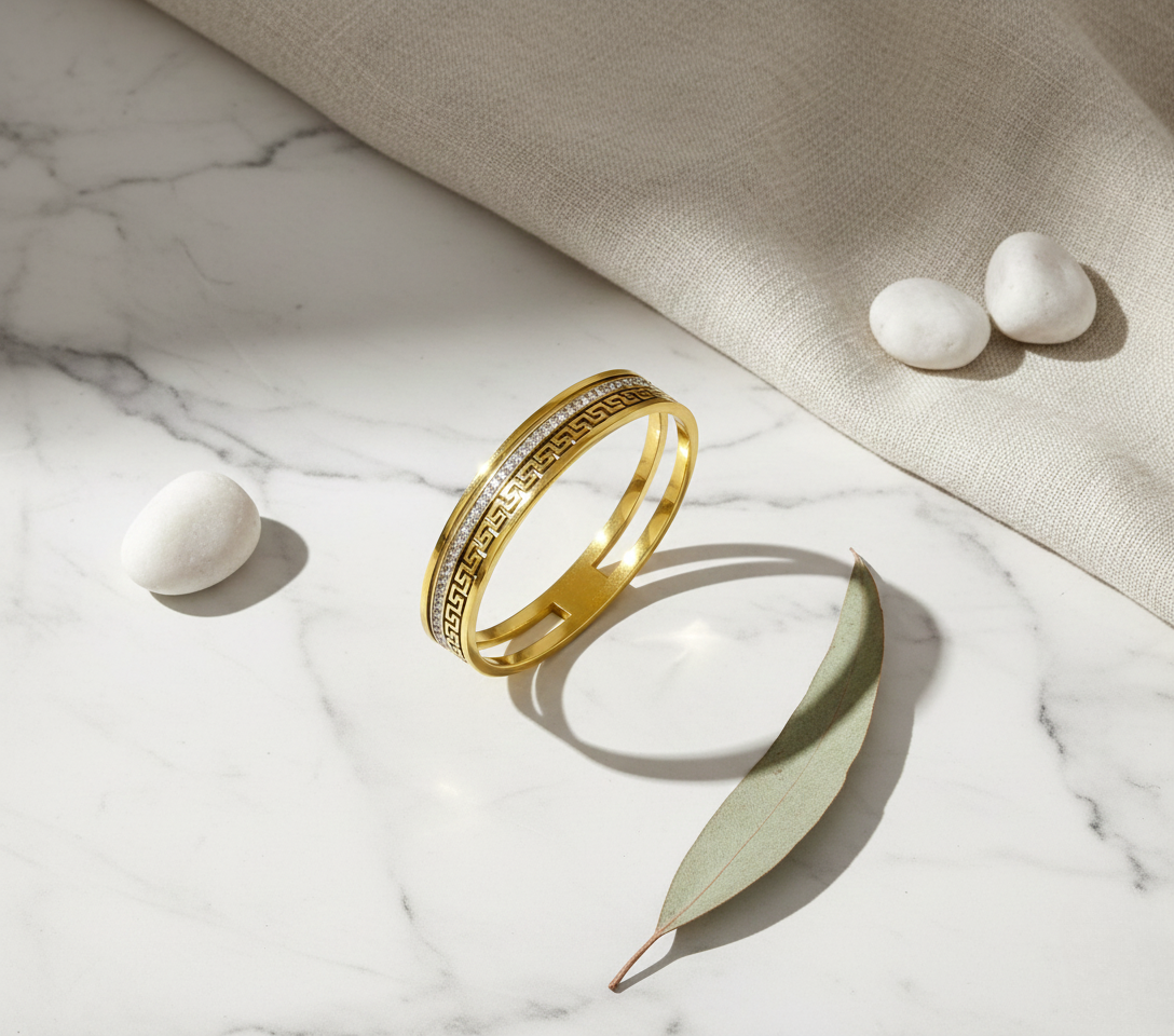 Premium Gold Greek Key Kada Bracelet with Crystal Line