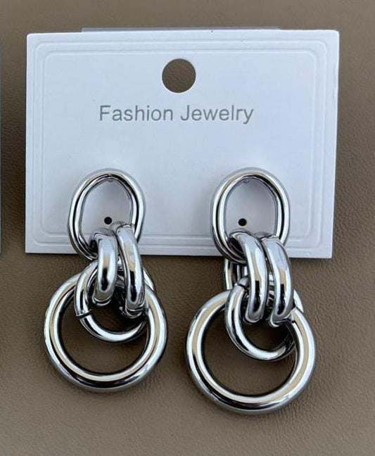 Silver Tone Multi-Ring Chain Drop Earrings