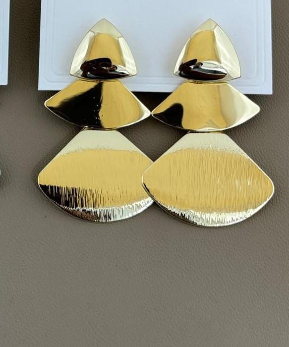 Gold Finish Layered Fan-Shaped Statement Drop Earrings