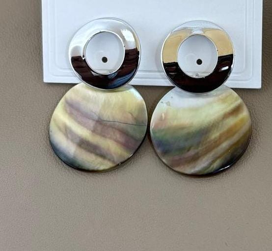 Silver Tone Circular Mother of Pearl Drop Earrings