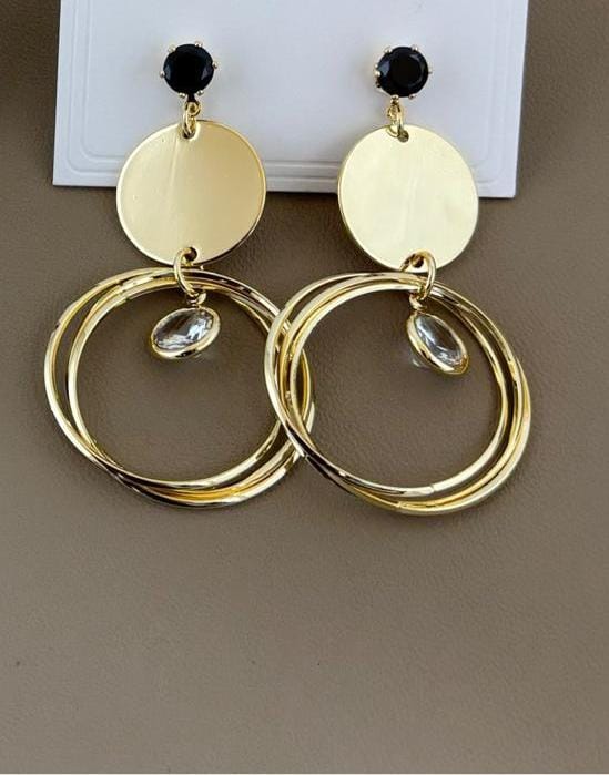 Gold Finish Geometric Hoop Drop Earrings with Crystal Accent