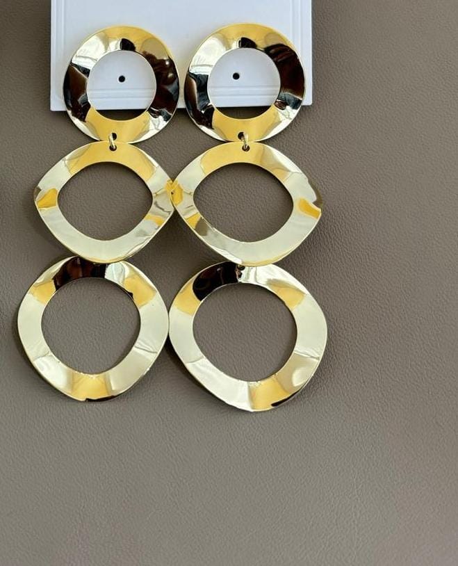Gold Finish Triple Ring Drop Earrings