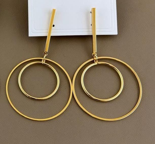 Gold Finish Bar and Double Hoop Drop Earrings