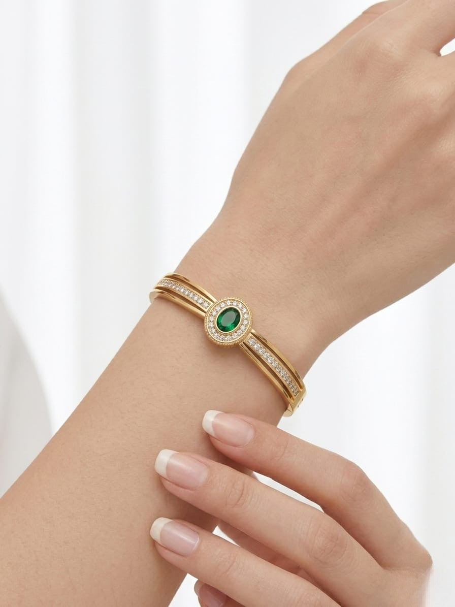 Elegant Korean Gold Kada with Emerald Stone