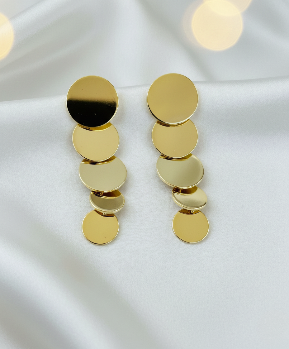 Gold Finish Cascading Disc Drop Earrings