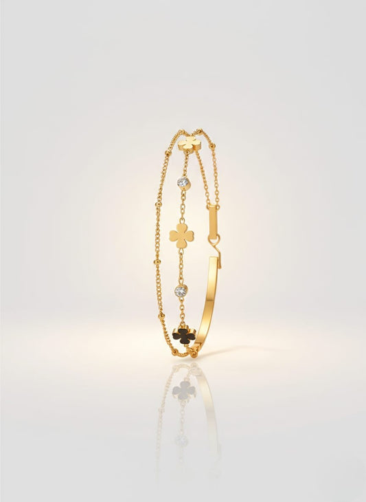 Elegant Gold Clover Charm Layered Bracelet