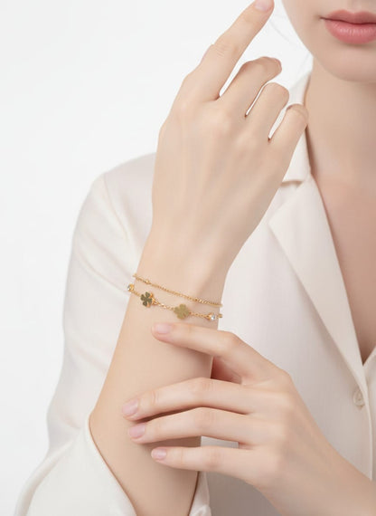 Elegant Gold Clover Charm Layered Bracelet