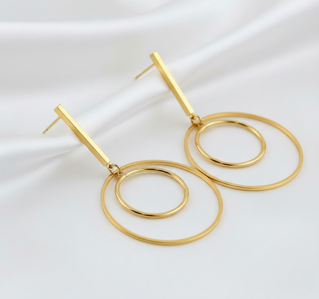 Gold Finish Bar and Double Hoop Drop Earrings