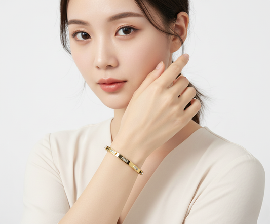 Radiant Crystal Bar Gold Plated Stainless Steel Korean Kada Bracelet