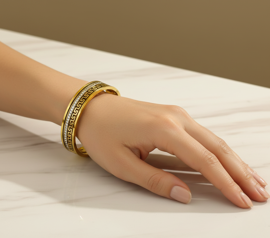 Premium Gold Greek Key Kada Bracelet with Crystal Line