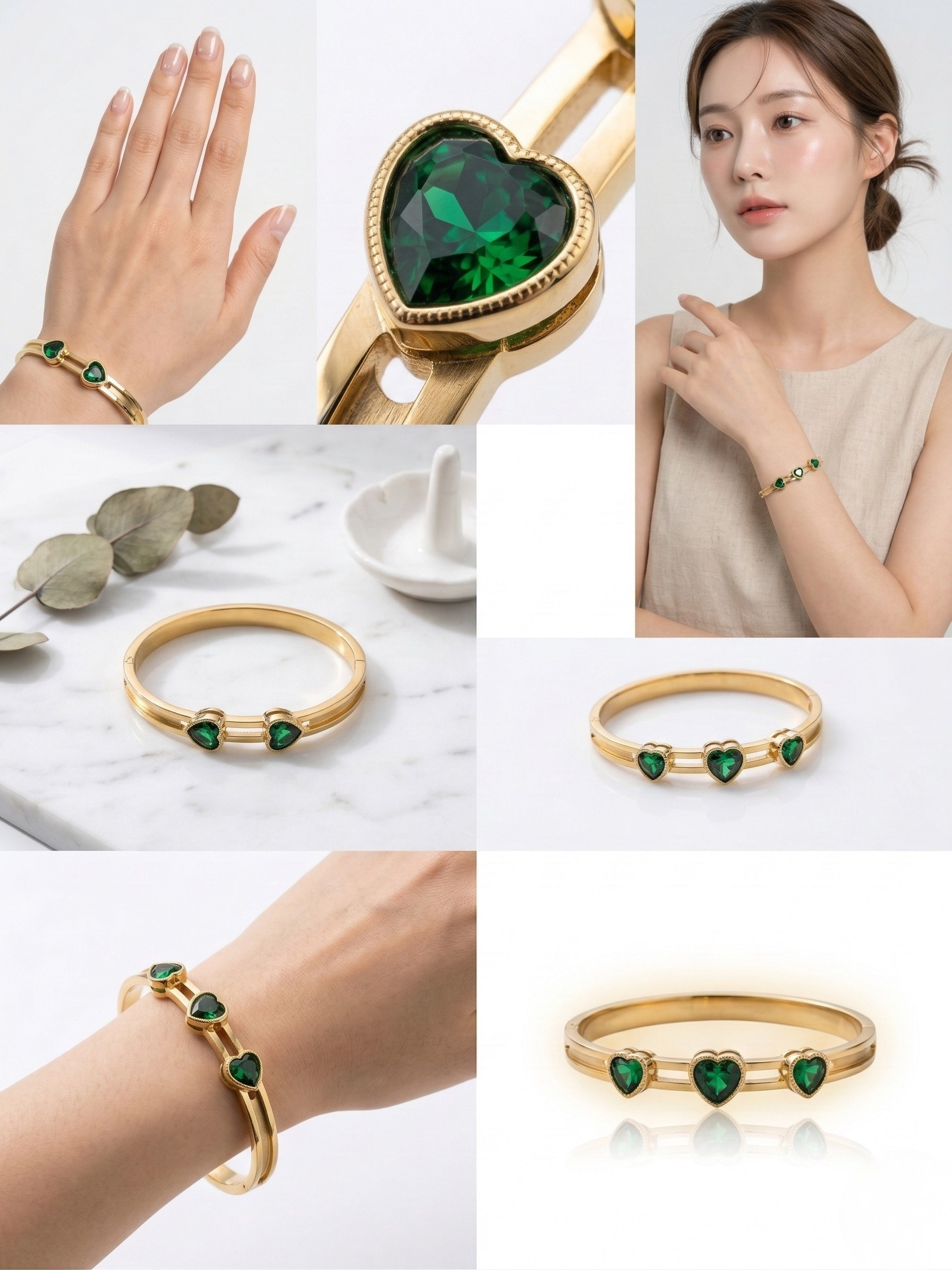 Elegant Korean Gold Bangle with Emerald Hearts