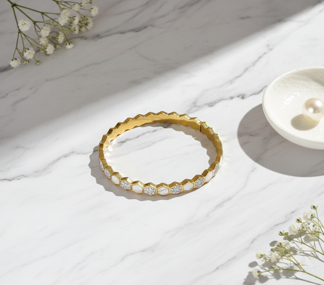 Honeycomb Crystal Gold Plated Stainless Steel Korean Kada Bracelet