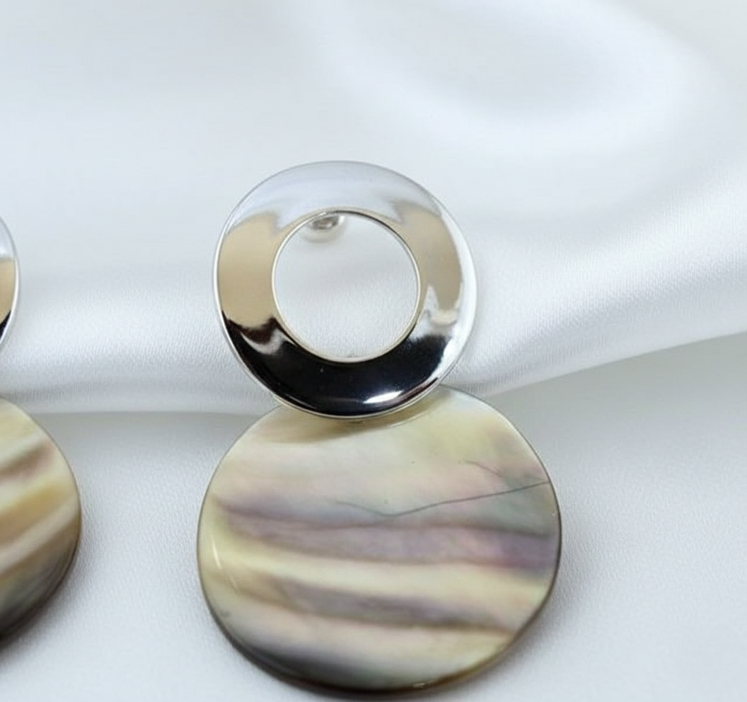 Silver Tone Circular Mother of Pearl Drop Earrings