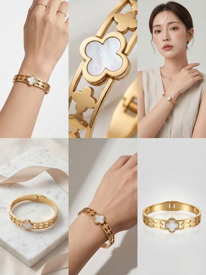 Elegant Gold Clover Mother Pearl Designer Bracelet