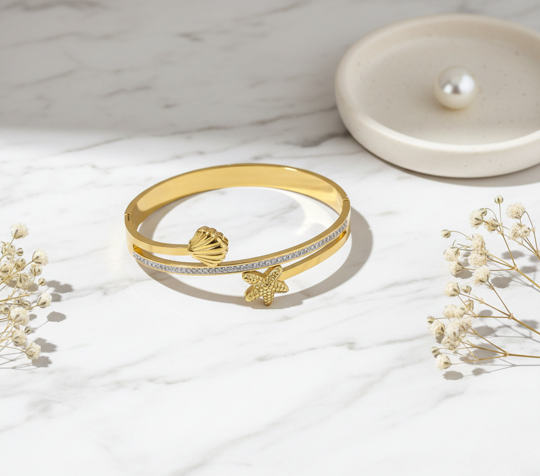 Diamond Studded Sleek Gold Plated Stainless Steel Kada Bracelet