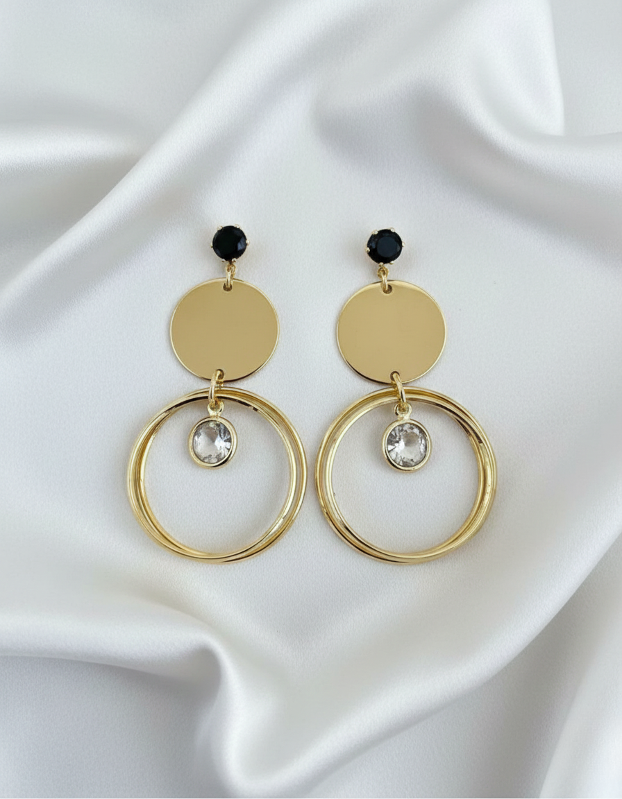 Gold Finish Geometric Hoop Drop Earrings with Crystal Accent