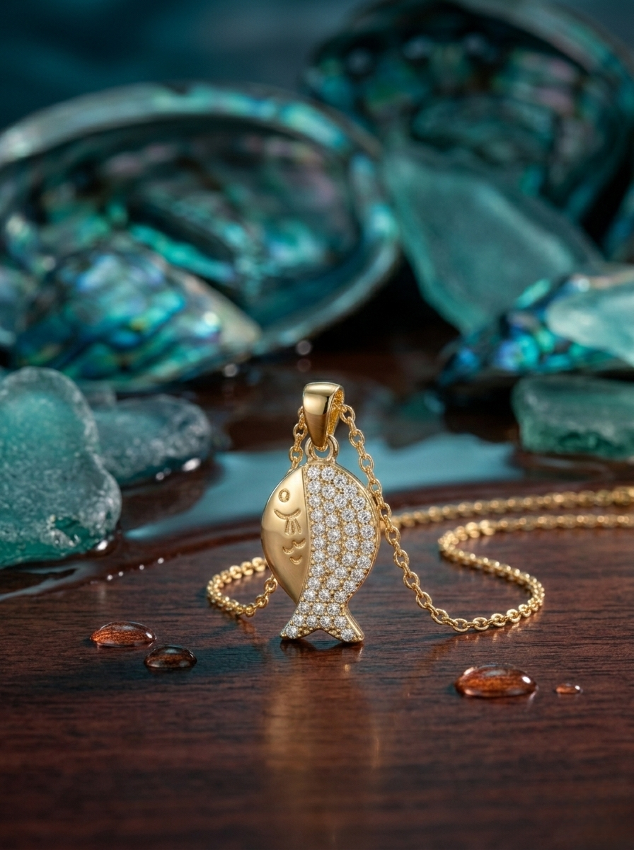 Elegant Gold Fish Pendant On Marble Surface