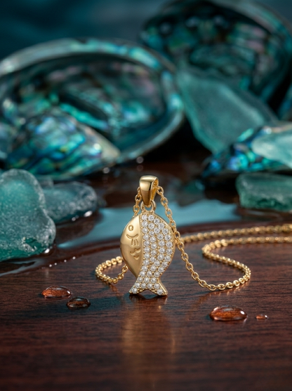 Elegant Gold Fish Pendant On Marble Surface