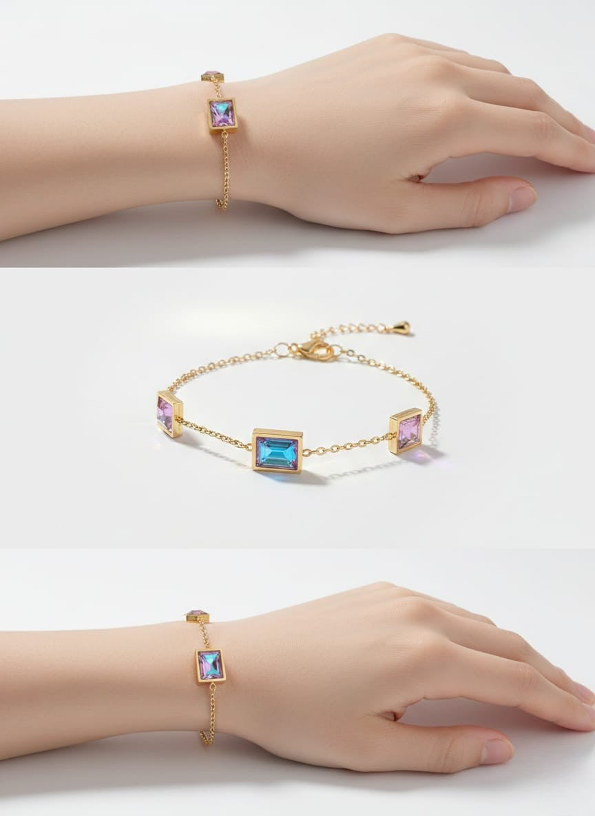 Elegant Gold Bracelet with Iridescent Square Gemstones
