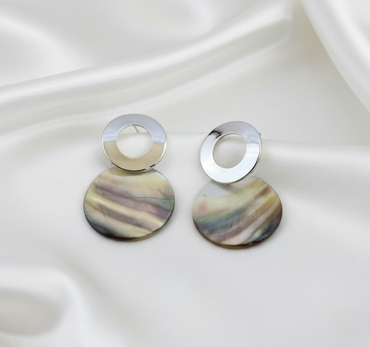 Silver Tone Circular Mother of Pearl Drop Earrings