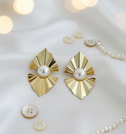 Gold Finish Fan-Shaped Stud Earrings with Pearl Center
