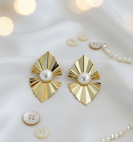 Gold Finish Fan-Shaped Stud Earrings with Pearl Center