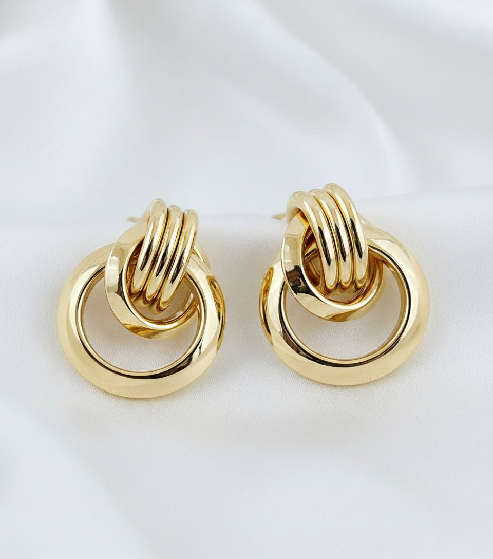 Gold Tone Interlinked Ring Stud Earrings