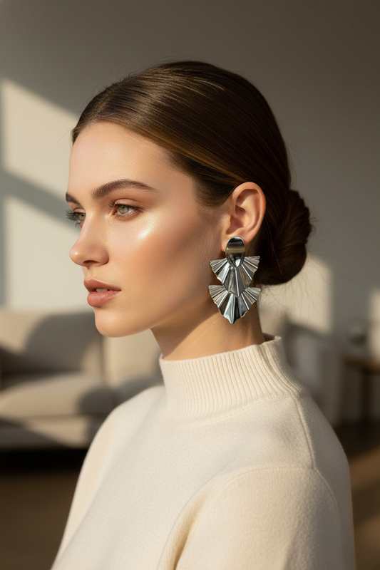 Silver Fan Drop Earrings – Bold Statement Fashion Jewelry