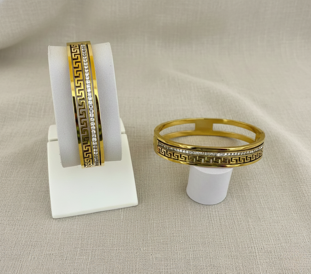 Premium Gold Greek Key Kada Bracelet with Crystal Line